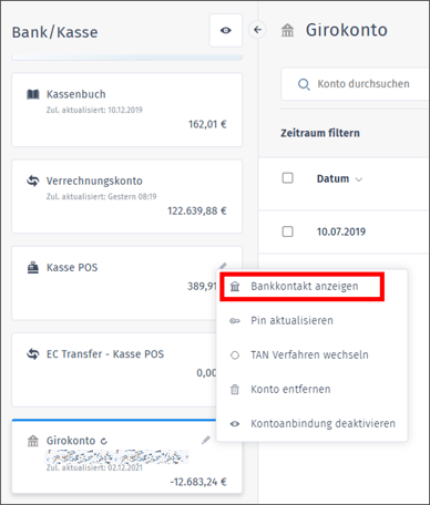 Banking-Zugangsdaten - Bankkontakt anzeigen