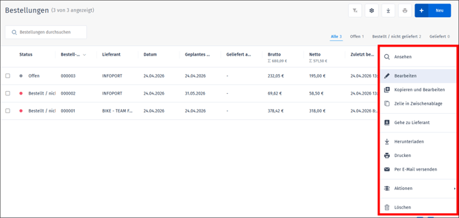 Bestellungen - Übersicht und weitere Aktionen