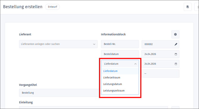 Gezeigt wird die Angabe eines Lieferdatums oder eine Lieferzeitraumes