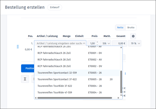 Gezeigt wird das Hinzufügen von Positionen in einer Bestellung