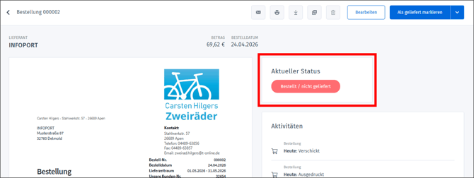 Gezeigt wird der aktuelle Status der Bestellung