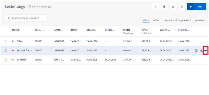 Gezeigt wird wie eine Bestellung direkt in der Liste der Bestellungen als geliefert markiert werden.