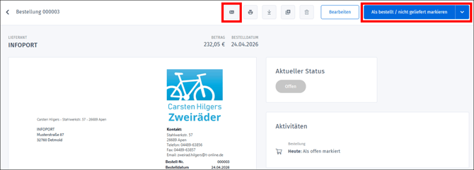 Gezeigt wird, wie eine Bestellung per Mail versendet oder als bestellt markiert werden kann