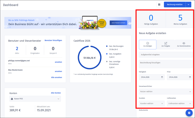 Gezeigt wird der Bereich Aufgaben im orgaMAX Dashboard