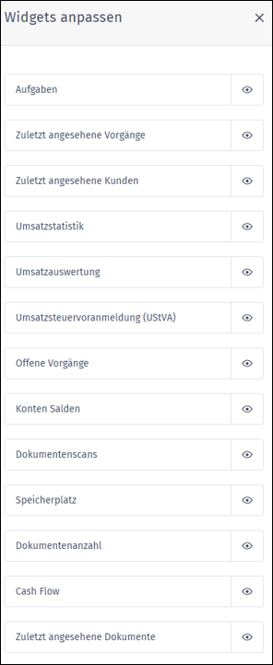 Gezeigt wird, wie die Widgets des orgaMAX Dashboards über die Einstellungen ein- und ausgeblendet werden können