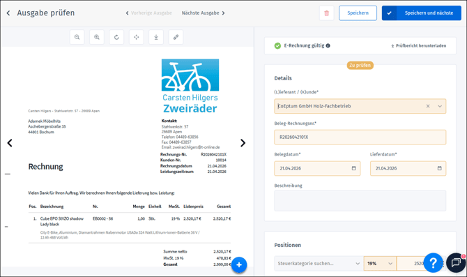 Gezeigt wird eine automatisch angelegte Ausgabe nach Verarbeitung über das orgaMAX Postfach