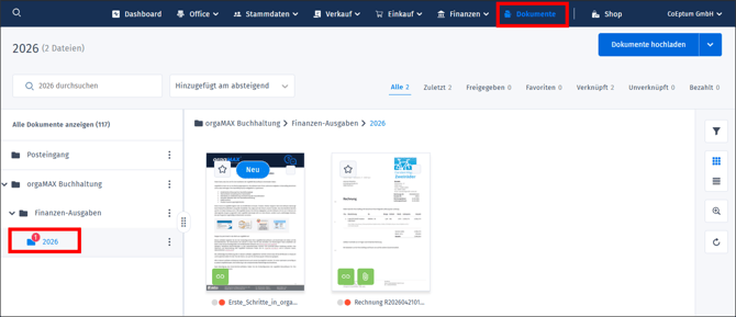 Gezeigt wird die Dokumentenablage in orgaMAX mit einem neuen Dokument