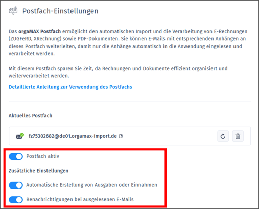 Gezeigt werden die Einstellungen für das orgaMAX Postfach