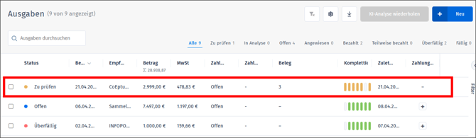 Gezeigt wird die Liste der Ausgaben mit einer zu prüfenden automatisch angelegten Ausgabe über das orgaMAX Postfach
