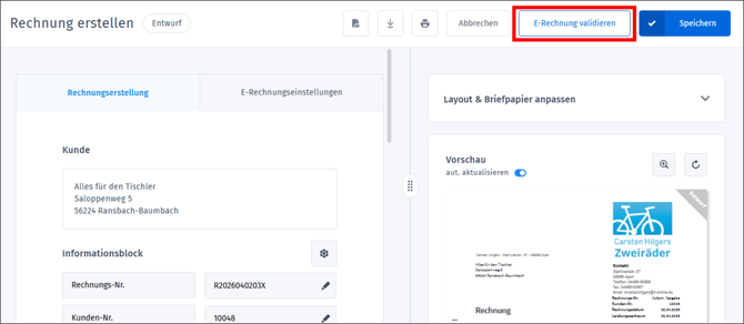 E-Rechnung - Ausgangsrechnung E-Rechnung validieren