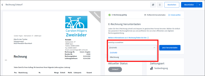 Gezeigt wird, wie eine X-Rechnung heruntergeladen werden kann