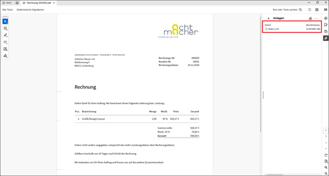 Gezeigt wird der elektronisch-lesbare Anhang einer ZUGFeRD-E-Rechnung