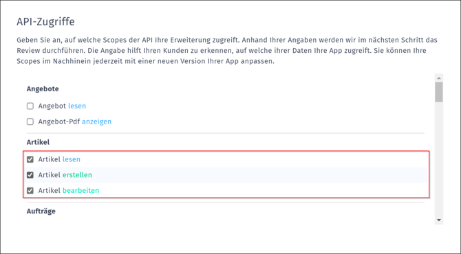 Gezeigt wird, wie die Berechtigungen für die API festgelegt werden können