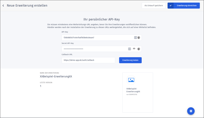 Gezeigt wird der automatisch generierte API-Key und das Secret