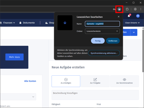 Gezeigt wird, wie orgaMAX als Lesezeichen oder Favorit in einem Webbrowser gespeichert werden kann.