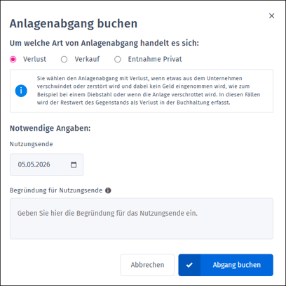 Anlagenabgang - Anlagenabgang buchen