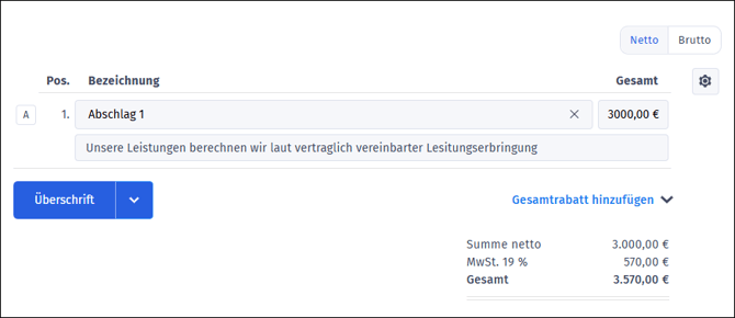 Gezeigt wird, wie eine Position in einer Abschlagsrechnung bearbeitet werden kann