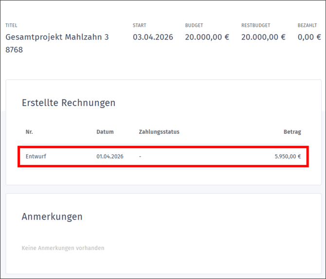 Gezeigt wird, wo ein vorhandener Abschlagsentwurf in einem Projekt geöffnet werden kann.