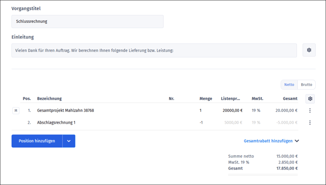 Gezeigt wird, was eine Schlussrechnung zu einem Projekt automatisch enthält
