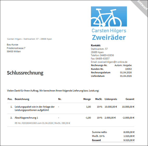 Gezeigt wird eine Schlussrechnung inkl. der Auflistung der bisherigen Abschläge.