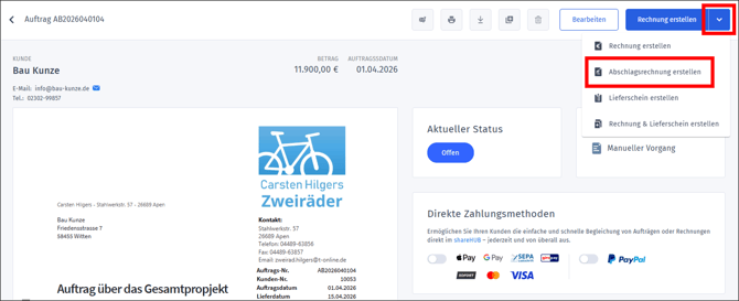 Gezeigt wird, wo in einem Auftrag eine Abschlagsrechnung erzeugt werden kann