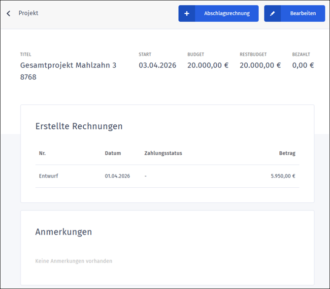 Gezeigt wird, wie ein neues und gespeichertes Projekt inkl. eines Entwurfs einer Abschlagsrechnung aussieht.