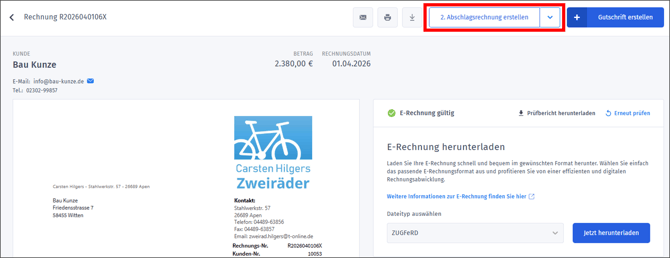 Gezeigt wird, wie weitere Abschlagsrechnungen aus bestehenden Rechnungen heraus erstellt werden können