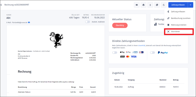 Gezeigt wird, wie eine nicht bezahlte Rechnung storniert werden kann