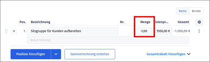 Gezeigt wird, wie negative Positionen in einer Gutschrift verwendet werden können.