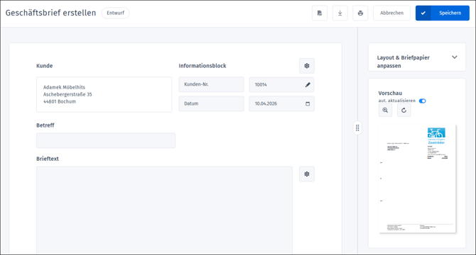Gezeigt wird die Bearbeitungsmaske für Geschäftsbriefe
