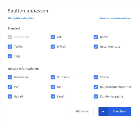 Gezeigt wird, wie Spalten in einer Stammdatenliste angepasst werden können.