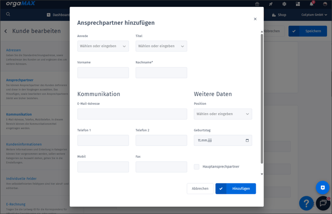 Ansprechpartner hinzufügen - Eingabemaske Ansprechpartner