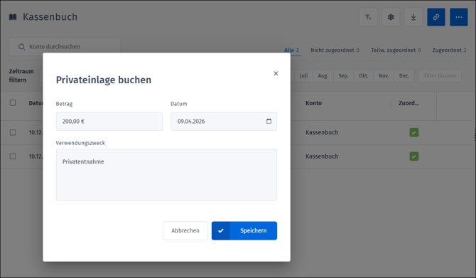 Gezeigt wird das beispielhafte Anlegen einer Privateinlage in das Kassenbuch