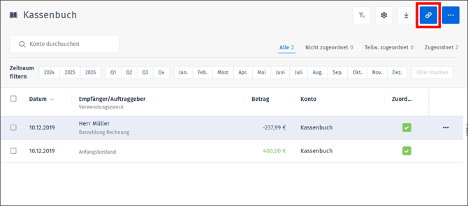 Gezeigt wird die Schaltfläche zum verlinken von Rechnungen aus dem Kassenbuch in orgaMAX