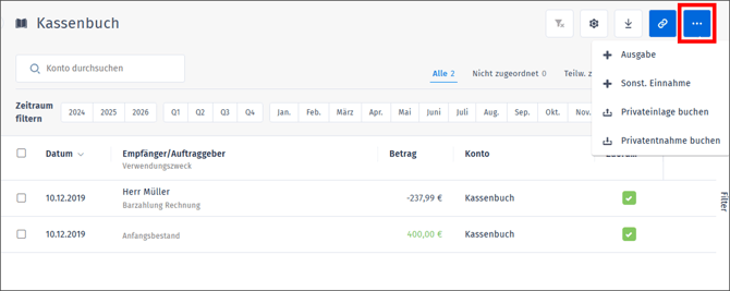 Gezeigt wird, wo andere Vorgänge mit einer Zahlung im Kassenbuch ausgewählt werden können