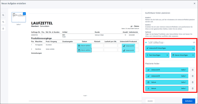 Gezeigt wird, wie Unterschriftenfelder auch mehrfach auf einem Dokument platziert werden können.
