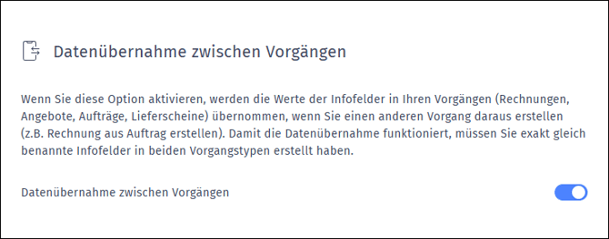 Gezeigt wird, wie die Datenübernahme zwischen den Vorgängen aktiviert werden kann