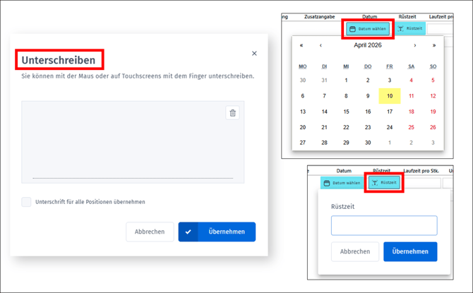 Gezeigt werden die Ausfüllmöglichkeiten einer Aufgabe mit Anforderung einer Unterschrift