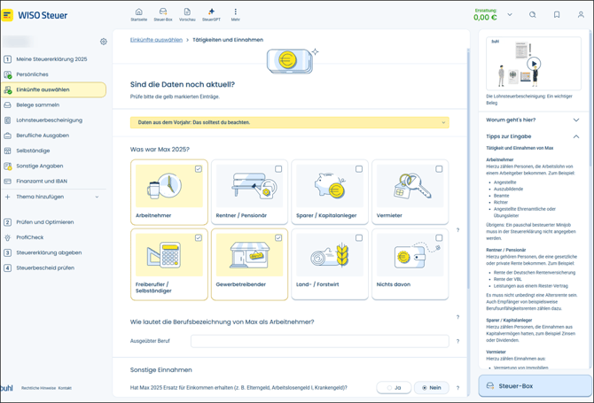 Das Bild zeigt wichtige Einstellungen für eine korrekte Verarbeitung der Steuerdaten in WISO Steuer