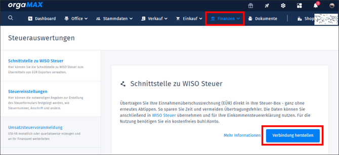 Gezeigt wird, wo in orgaMAX die WISO Steuer Schnittstelle eingerichtet werden kann