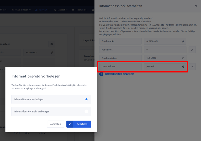 Gezeigt werden die Einstellungsmöglichkeiten für eigene Felder