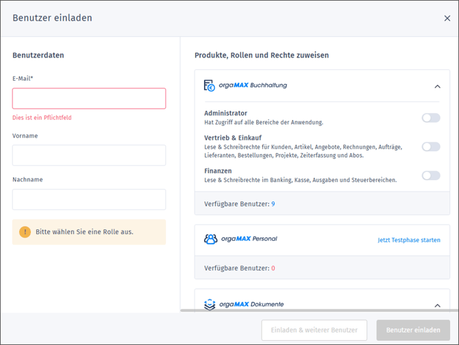 Gezeigt wird die Maske zum Einladen und Verteilen der Berechtigungen für neue UserInnen
