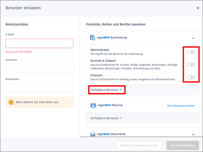 Gezeigt wird, wie beim Einladen neuer Benutzer, Rollen zugewiesen werden können.