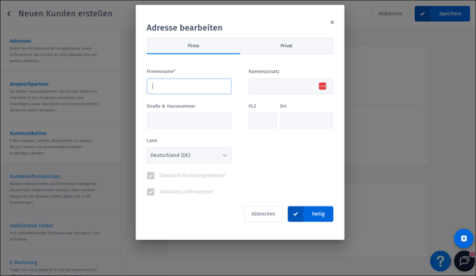 Gezeigt wird der erste Schritt bei der Eingabe eins neuen Kunden in orgaMAX