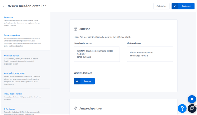 Gezeigt wird ein neu angelegter Kundendatensatz in orgaMAX