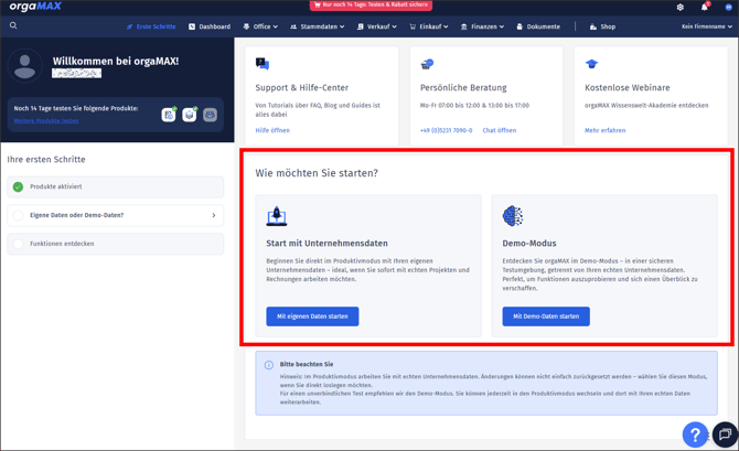 Gezeigt wird das Onboarding-Center mit der Auswahl zum Start Demodaten zu verwenden oder Echtdaten