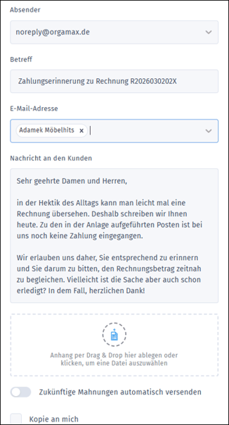 Gezeigt werden die Anpassungsmöglichkeiten beim Versand einer Mahnung per Mail