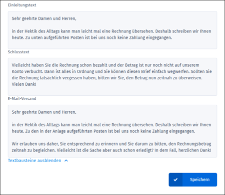 Gezeigt wird die Bearbeitung der Texte für einzelne Mahnstufen