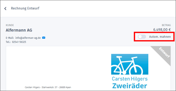 Gezeigt wird das Aktivieren der automatischen Mahnungen über eine einzelne Rechnung