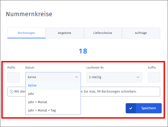 Gezeigt wird, welche Nummernkreise gewählt werden können.